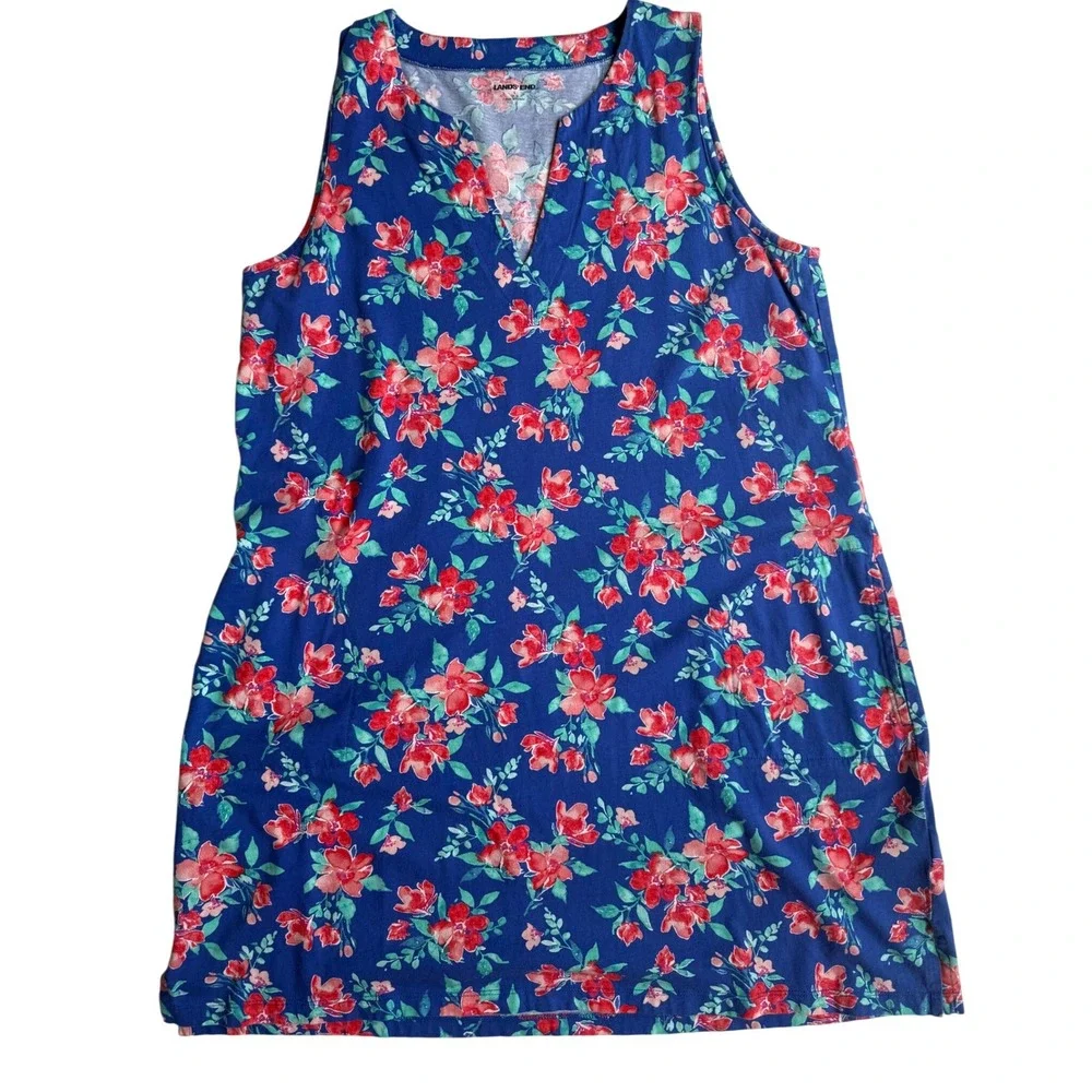 Lands End Blue Floral Cotton Sleeveless Split Neck Shift Dress L 14-16